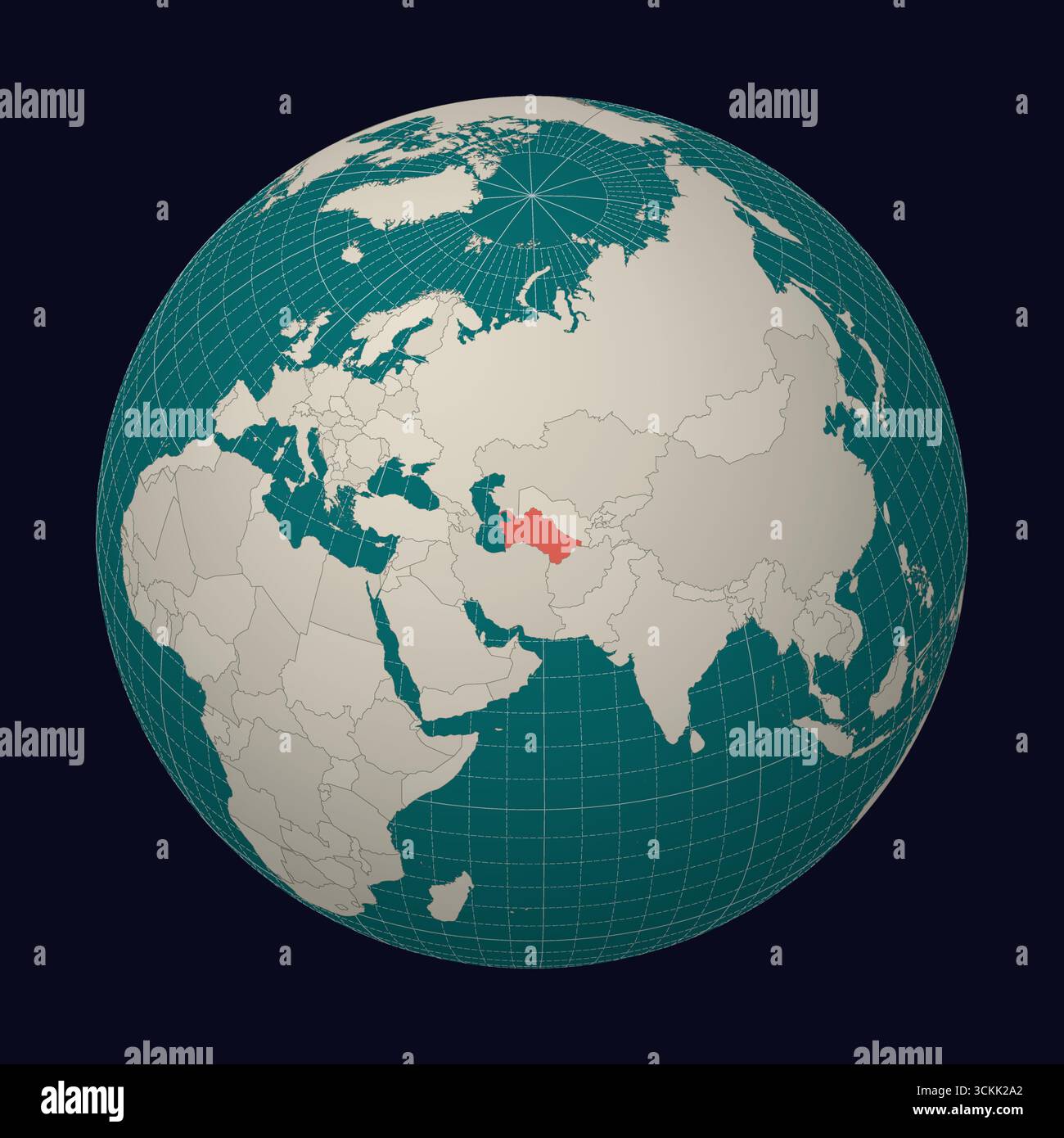 Turkmenistan auf der Karte. Der Globus konzentriert sich auf Turkmenistan. Land auf der Weltkarte. Farbpalette Teal Pale Mint. Stock Vektor