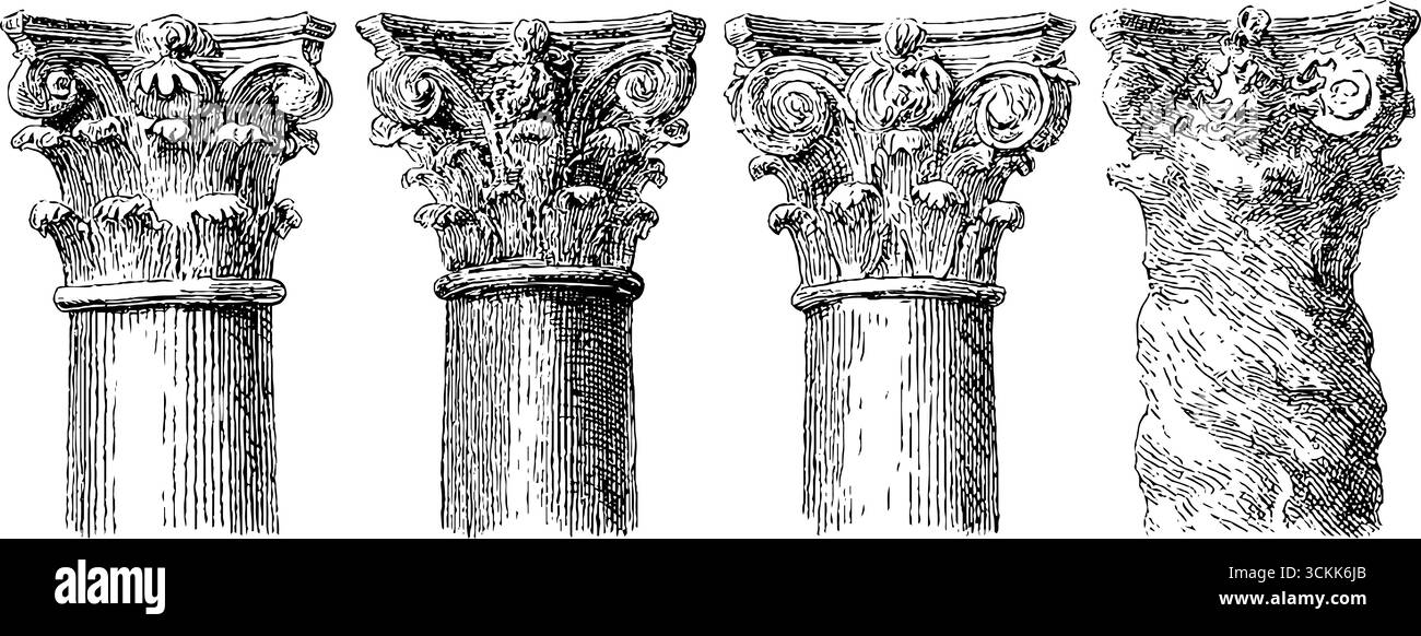 Klassische architektonische Säulenkapitelle Gravur für künstlerisches Design und Dekoration. Stock Vektor