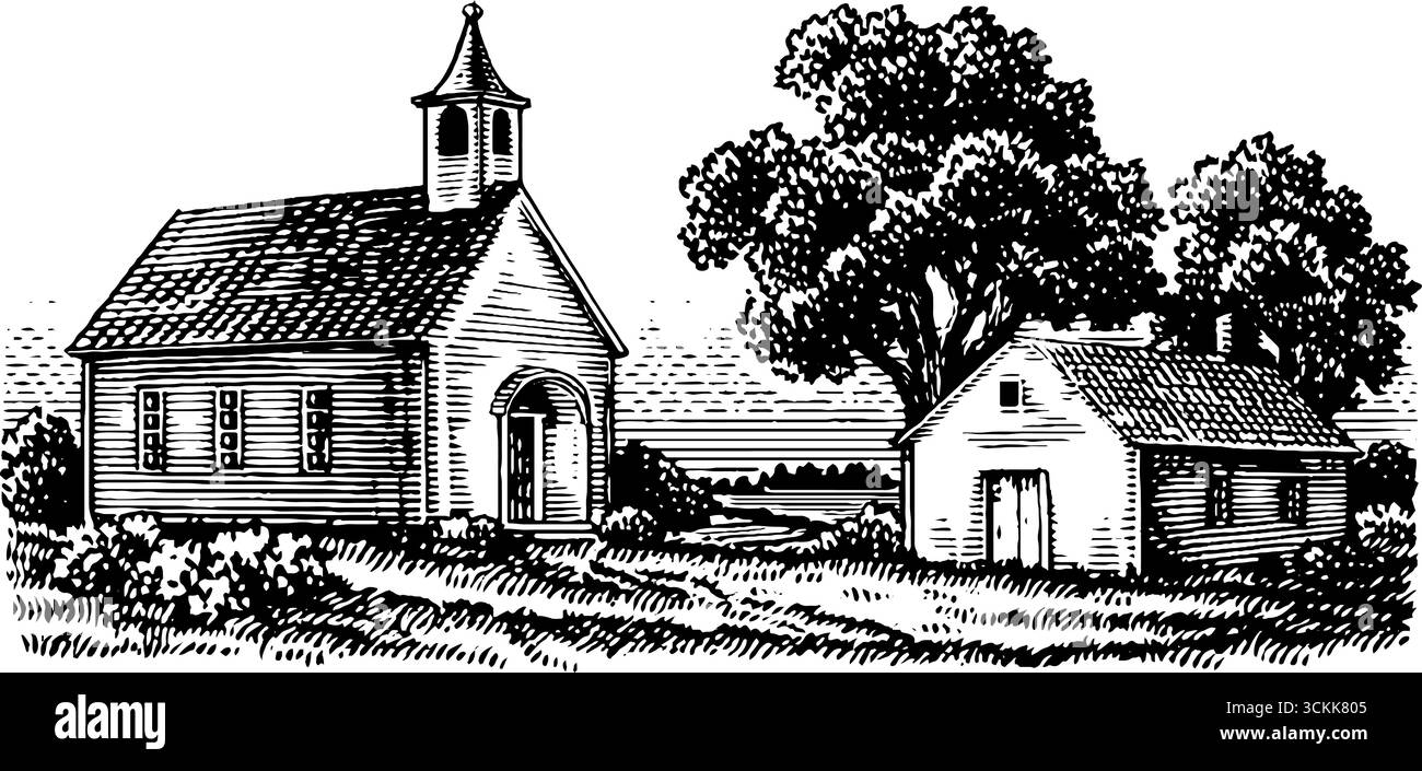 Vintage-Gravur der Landkirche und Hausszene für Druckdesign. Stock Vektor