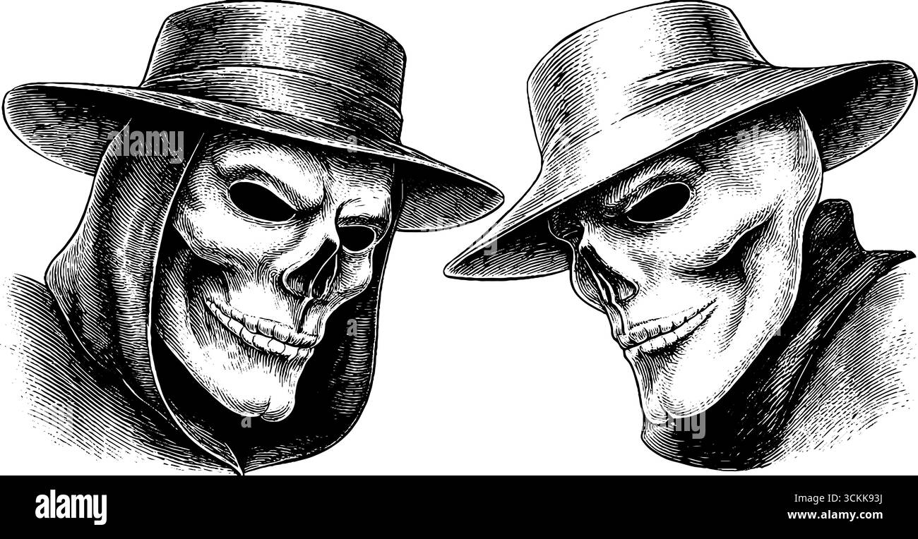 Vintage-Totenkopfmasken im Hut-Illustrationsset – schwarz-weiße Gravur für Retro-Design. Stock Vektor
