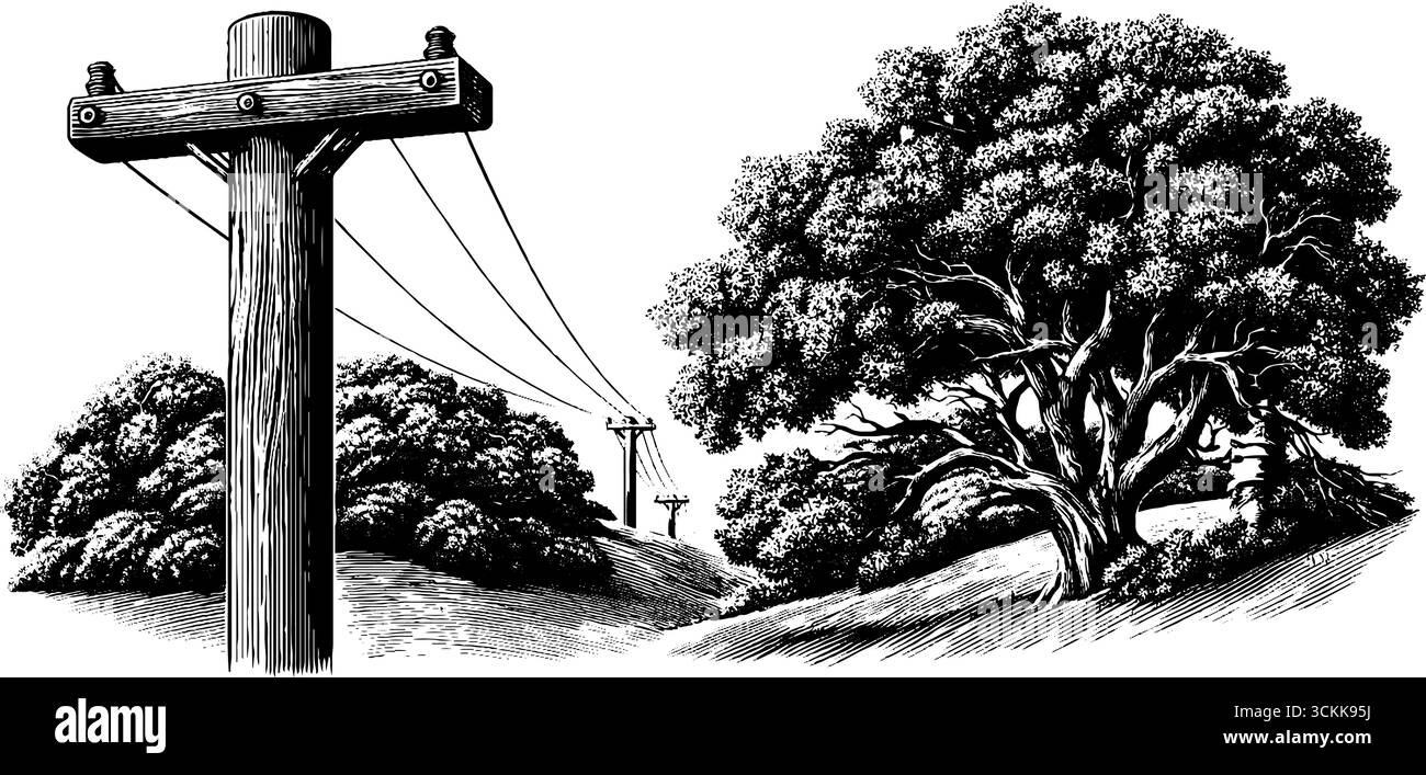 Rustikale Telegraphenmasten und Eiche in Vintage-Landschaft, handgezeichneter Gravur. Stock Vektor