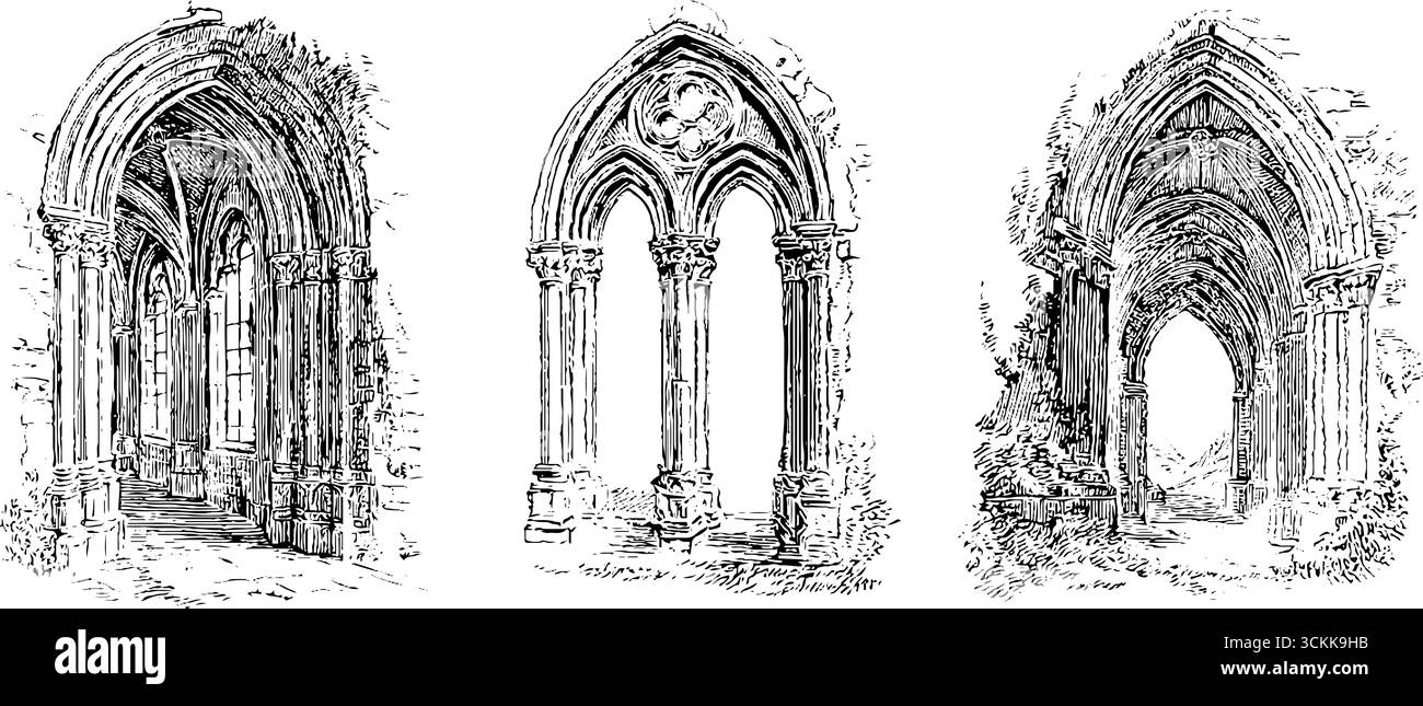 Schwarz-weiß-Gravur gotischer Architekturbögen und Säulen - Retro-Design für künstlerische Projekte. Stock Vektor