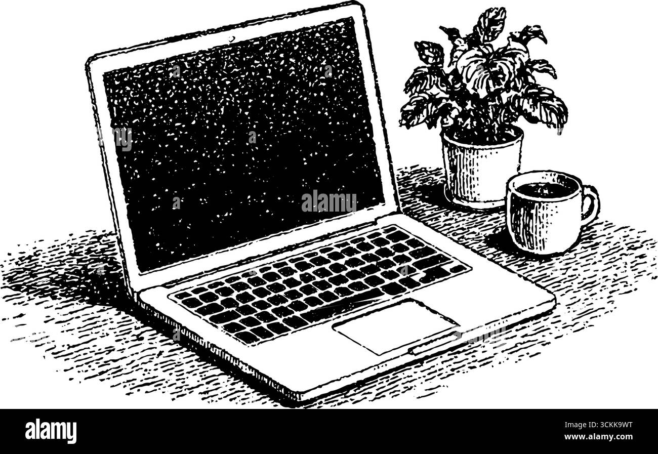 Vintage-Gravur für Remote-Arbeiten mit Laptop, Kaffee und Anlage für Home Office-Design. Stock Vektor