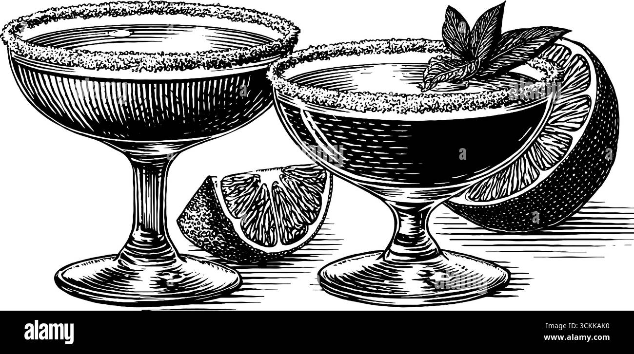 Vintage-Schwarz-weiß-Gravur von Cocktailgläsern mit Limettenscheiben. Stock Vektor