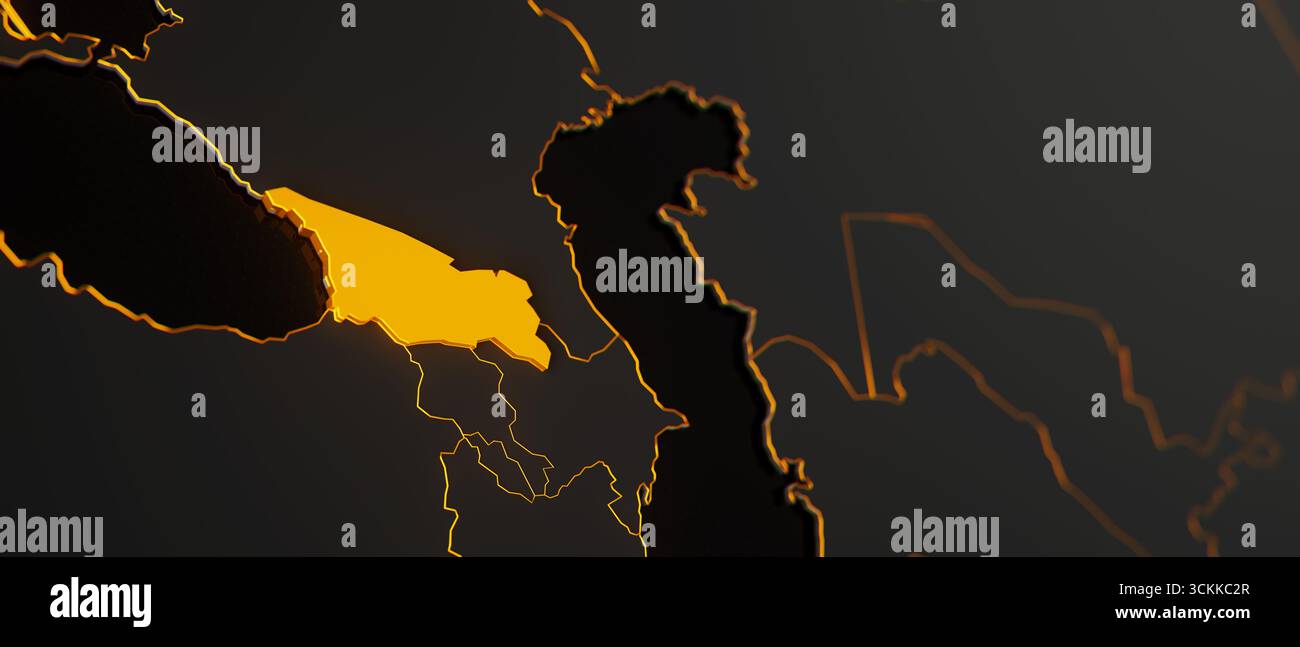 Golden Georgia 3D Karte umgeben von anderen Ländern in Schwarz mit goldenen Grenzen und flachem dof. Politische Karte Asiens mit Grenzen Stockfoto