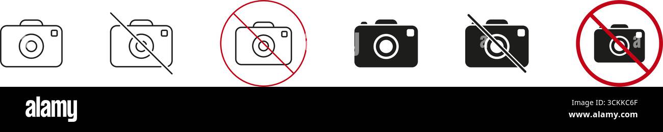 Symbolgruppe Kamera Und Keine Fotografie. Fotoerlaubnis Und Einschränkung Symbol Sammlung. Anzeige Für Kameraverwendung Und -Verbot. Isolierter Vektor Stock Vektor