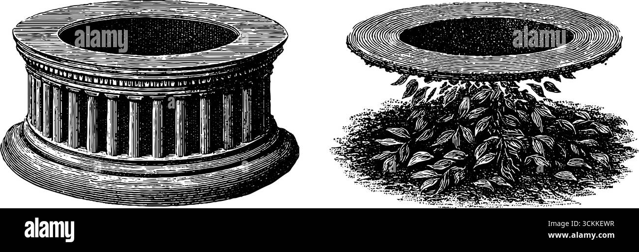 Gravur an der Schwelle des Tempels mit klassischen Säulen und dekorativen Details. Stock Vektor