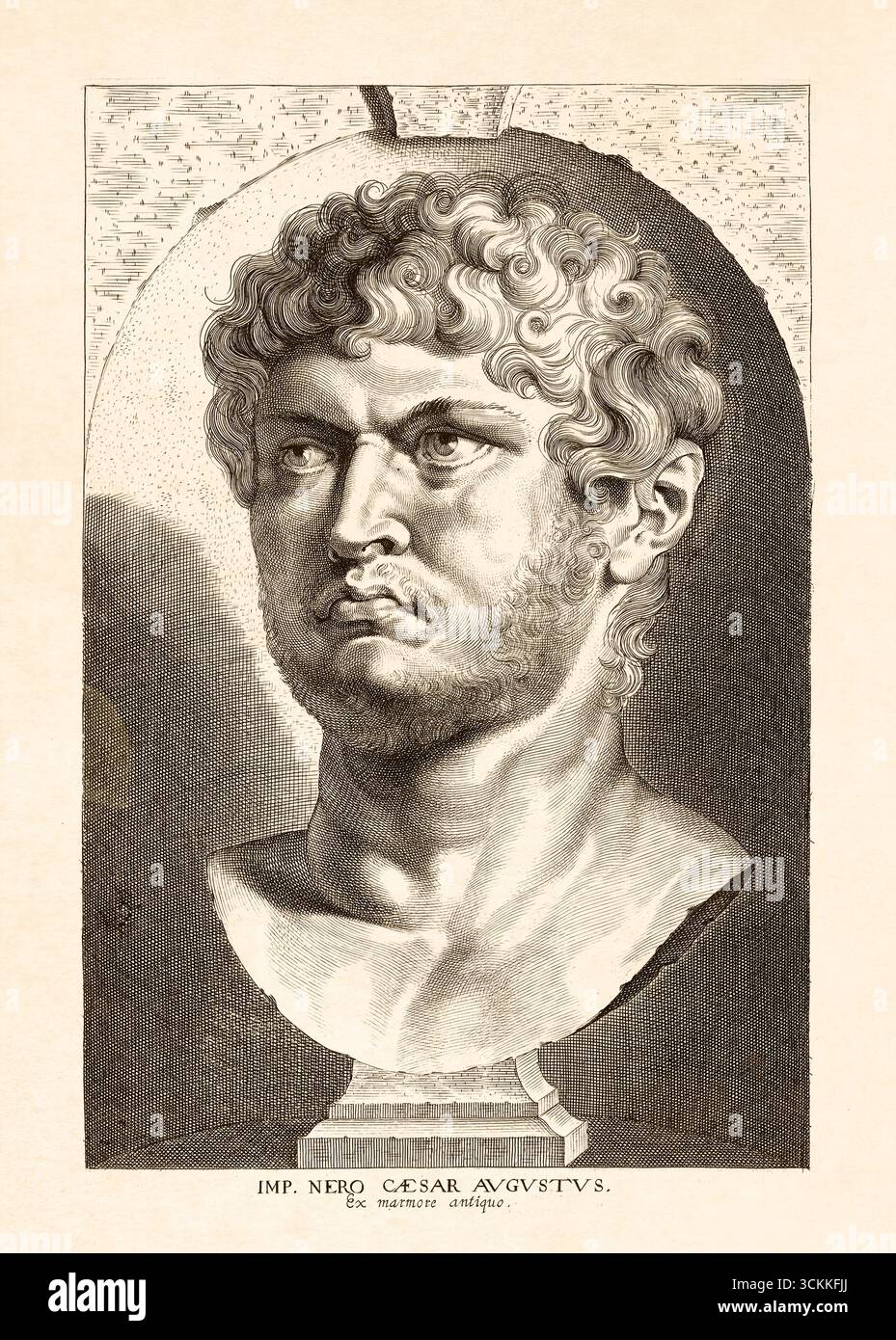Kupferstich nach einem Werk von Paul Rubens, das die Büste des römischen Kaisers Nero Claudius Caesar Augustus Germanicus darstellt. Stockfoto