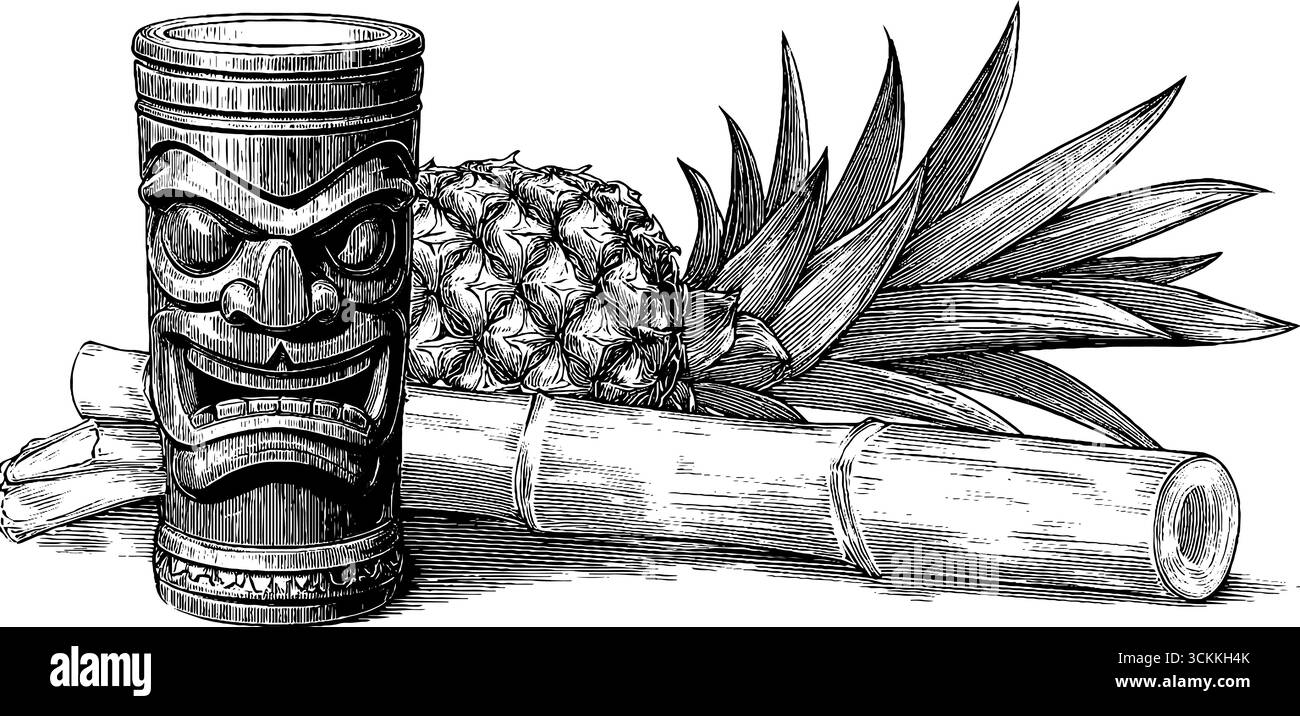 Tropischer Tiki-Becher und Ananasgravur für luau-Party-Dekor und -Design. Stock Vektor