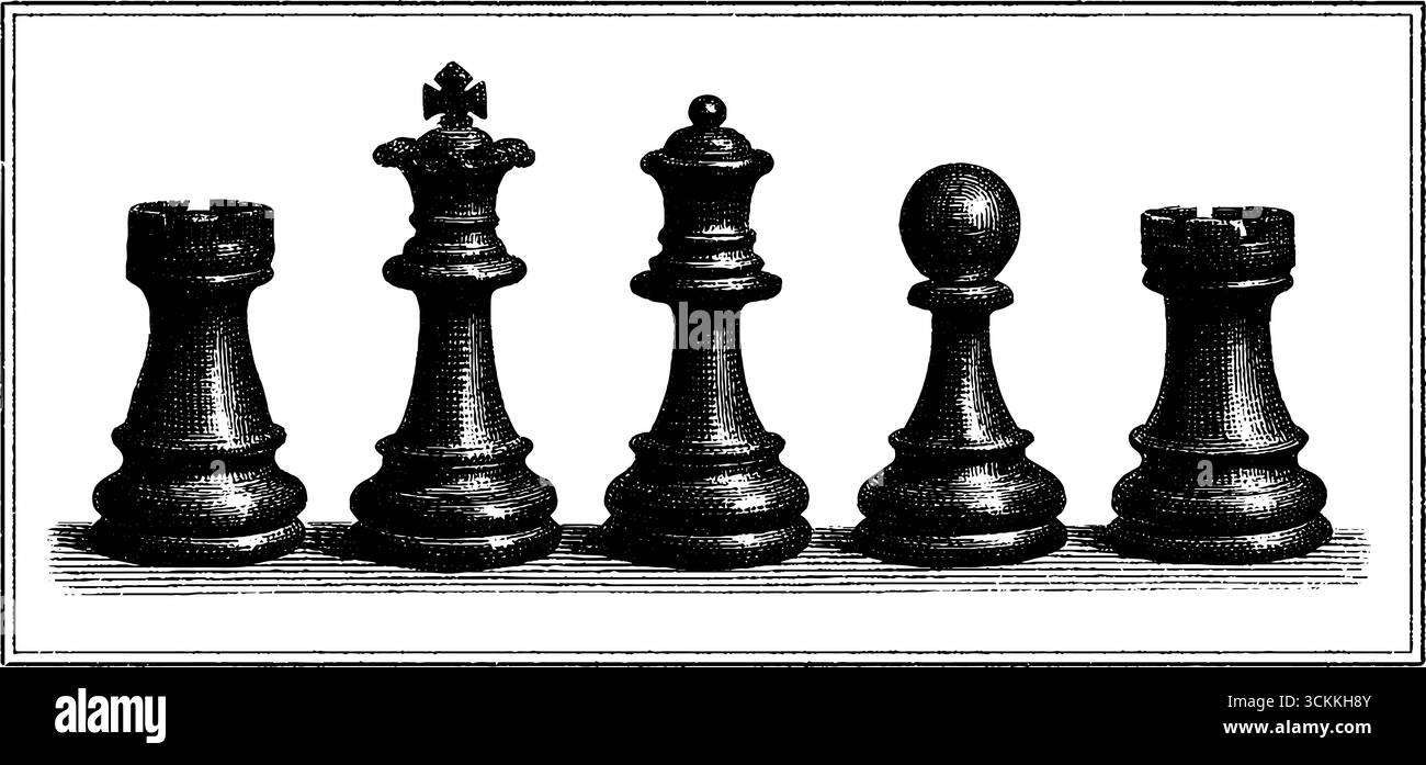 Detaillierte Gravur antiker Schachstücke für historische und lehrreiche Zwecke. Stock Vektor