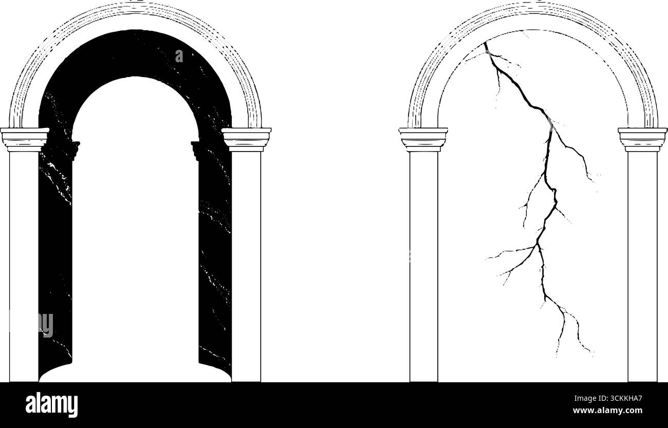 Portalbogen mit Vintage-Gravur aus Stein mit gerissener Textur für architektonisches Design. Stock Vektor