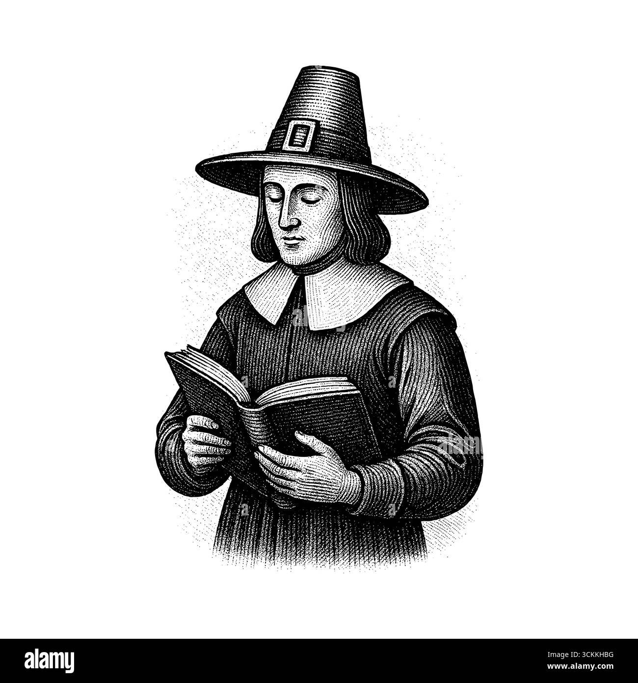 Ein Puritaner, der die Heilige Schrift bei Kerzenlicht tiefgehend studiert und Hingabe und Glauben widerspiegelt Stock Vektor