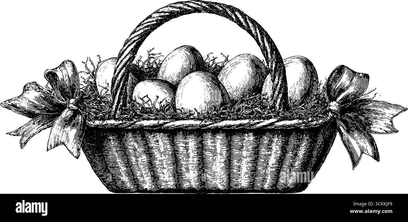 Vintage-Eierkorb mit Strohhalm in handgezeichneter Gravur - osterdekoration. Stock Vektor