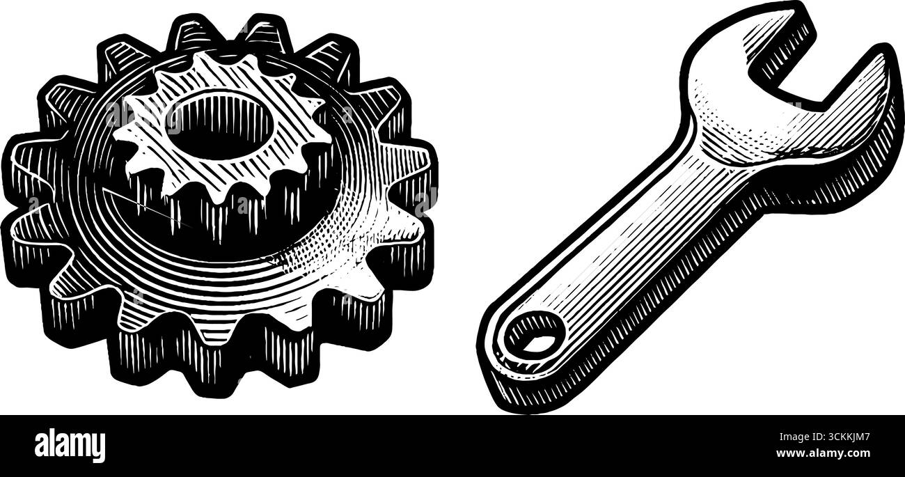 Vintage-Grafik mit gravierten Zahnrädern und Schraubenschlüsseln für mechanische Konstruktionskonzepte. Stock Vektor
