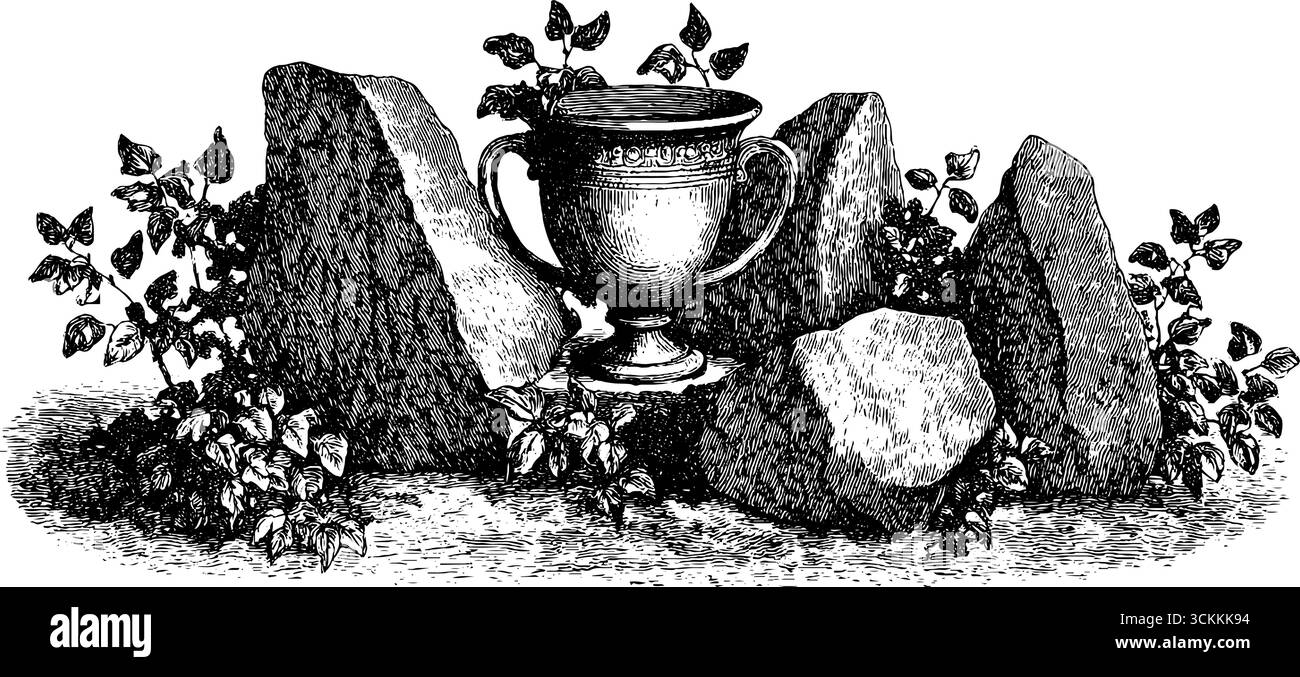 Vintage-gravierte Illustration der Urne auf Stein mit Laub. Stock Vektor