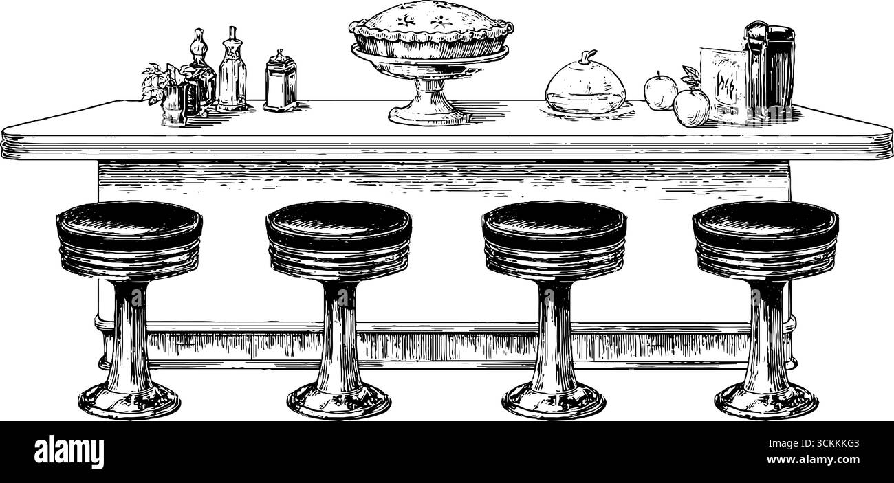 Vintage-Diner-Szene mit klassischen Barhockern und nostalgischen Dekorationselementen. Stock Vektor
