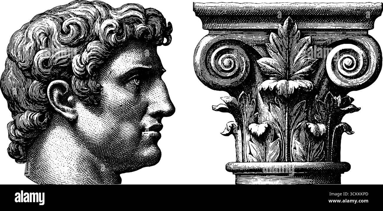 Klassische Tempelgiebelfiguren und skulpturale Details für historische Designprojekte. Stock Vektor