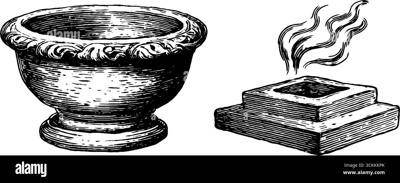 Vintage-Set aus dekorativem Aschenbecher und Steinstufen. Stock Vektor