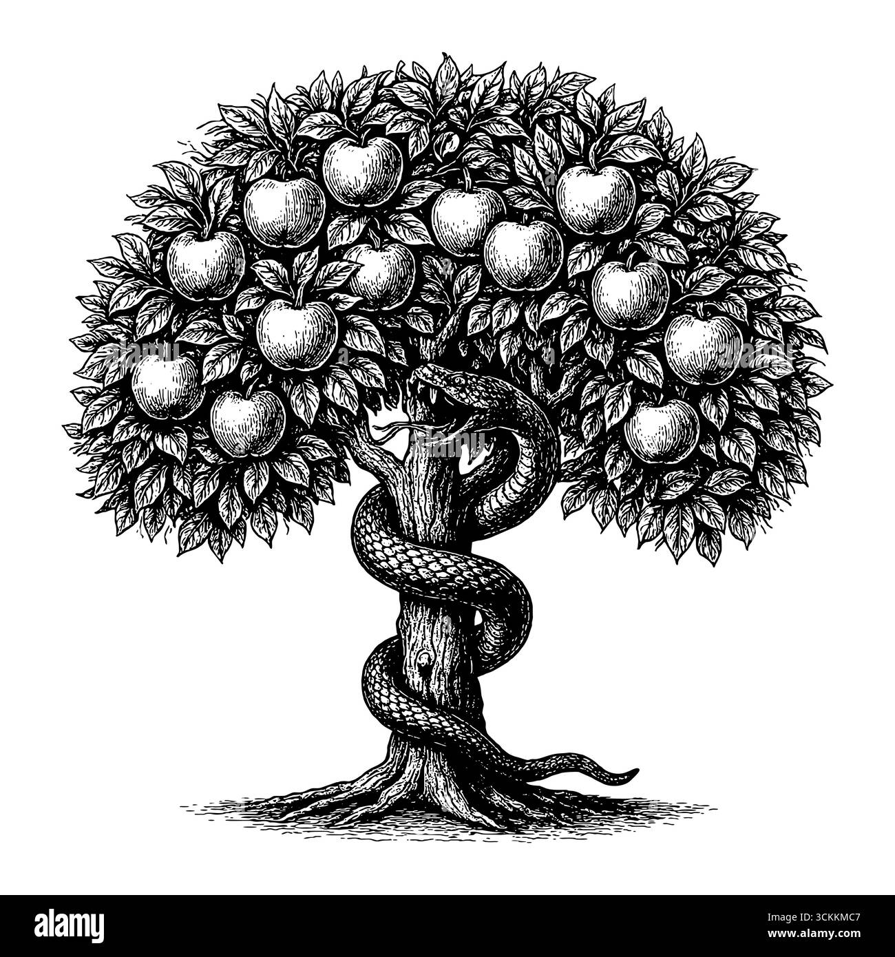 Der Baum der Erkenntnis von gut und Böse im Paradies, mit der Schlange des Teufels um ihn herum Stock Vektor