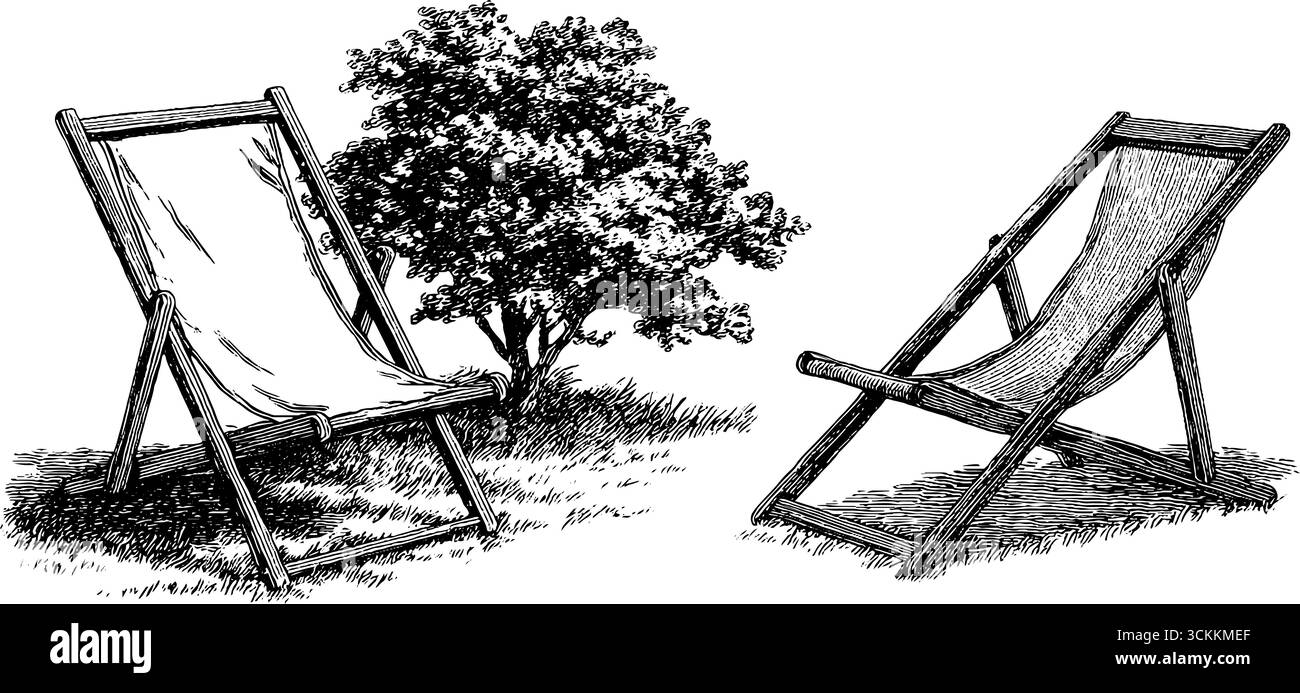 Vintage-Stich in Dorfgrün mit Liegestühlen und Baum für künstlerische Einrichtung. Stock Vektor