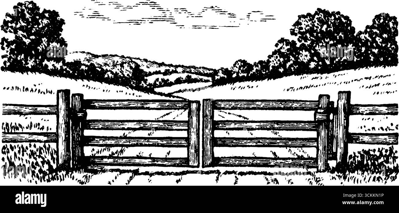 Vintage-Bauernhof-Tor und Sonnenaufgang Gravur für ländliche Landschaftsgestaltung. Stock Vektor