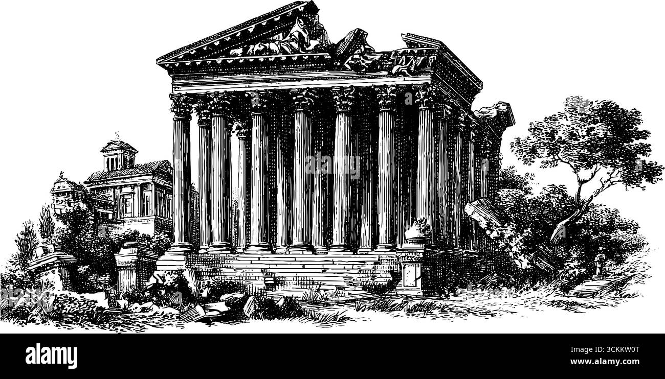 Historische Tempelruinen mit zerbrochenem Giebel - Vintage-Illustration zum Design. Stock Vektor