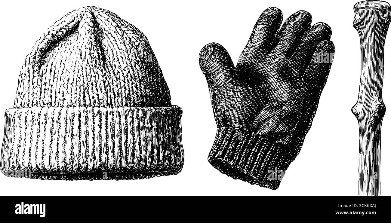 Vintage-Illustration mit Hut, Handschuh und Wanderstock für Retro-Design. Stock Vektor