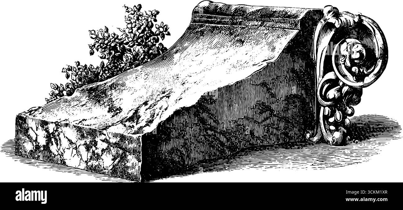 Handgezeichneter Vintage-Gravur von Marmor-Inschriftenfragment mit dekorativen Blüten. Stock Vektor