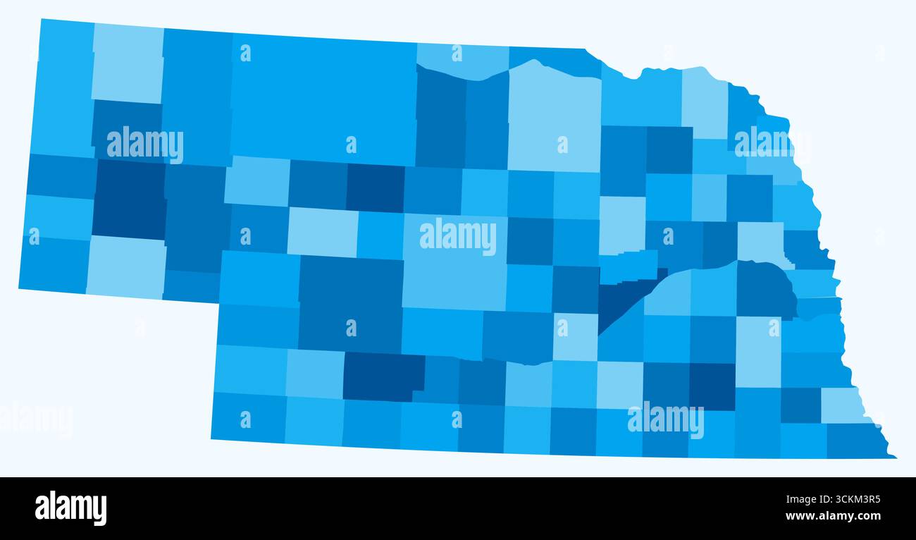 Karte von Nebraska mit Grafschaften. Nur eine einfache Grenzkarte mit Bezirksverteilung. Hellblaue Farbpalette. Stock Vektor