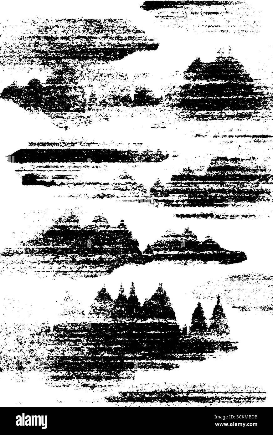 Einfarbige Silhouetten im Nebelwald im Grunge-Stil für stimmungsvolles Design. Stock Vektor