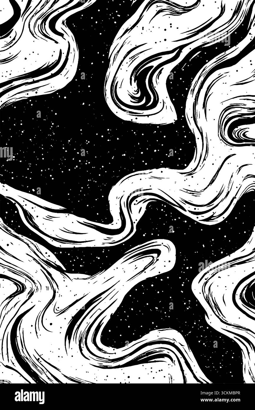 Abstraktes kosmisches Staubwirbelmuster in Schwarz-weiß für kreatives Design und Hintergrund. Stock Vektor