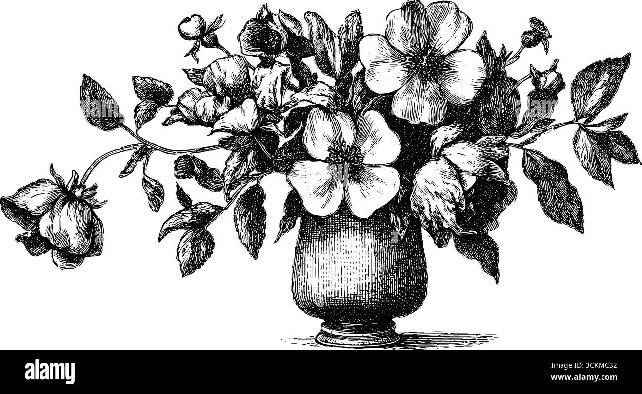 Vintage-gravierte Illustration eines verwelkten Blumenstraußes in Vase für Retro-Design. Stock Vektor