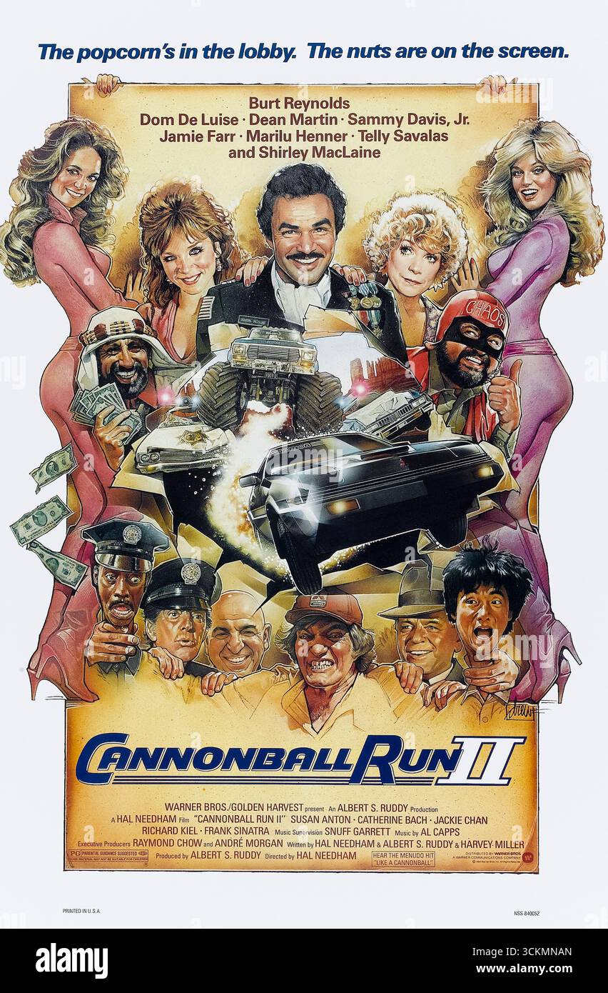 Cannonball Run II (1984) von Hal Needham mit Burt Reynolds, Dom DeLuise und Dean Martin. Veteranen und neue Rennfahrer treten in einer zweiten wilden Cross-Country-Jagd an, die von einem Scheich organisiert wird, der entschlossen ist, Ruhm zu gewinnen, während Mafia-Mätzchen den Wettkampf erschweren. Foto eines Original-Posters aus dem Jahr 1984 mit einem Blatt, das NUR ZUR REDAKTIONELLEN VERWENDUNG VON Drew Struzan VERWENDET WIRD. Quelle: BFA / Warner Bros Stockfoto