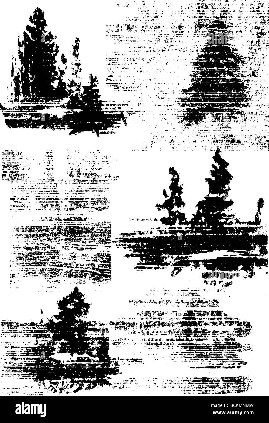 Einfarbige Silhouetten von Bäumen im nebeligen Wald für künstlerisches Design. Stock Vektor