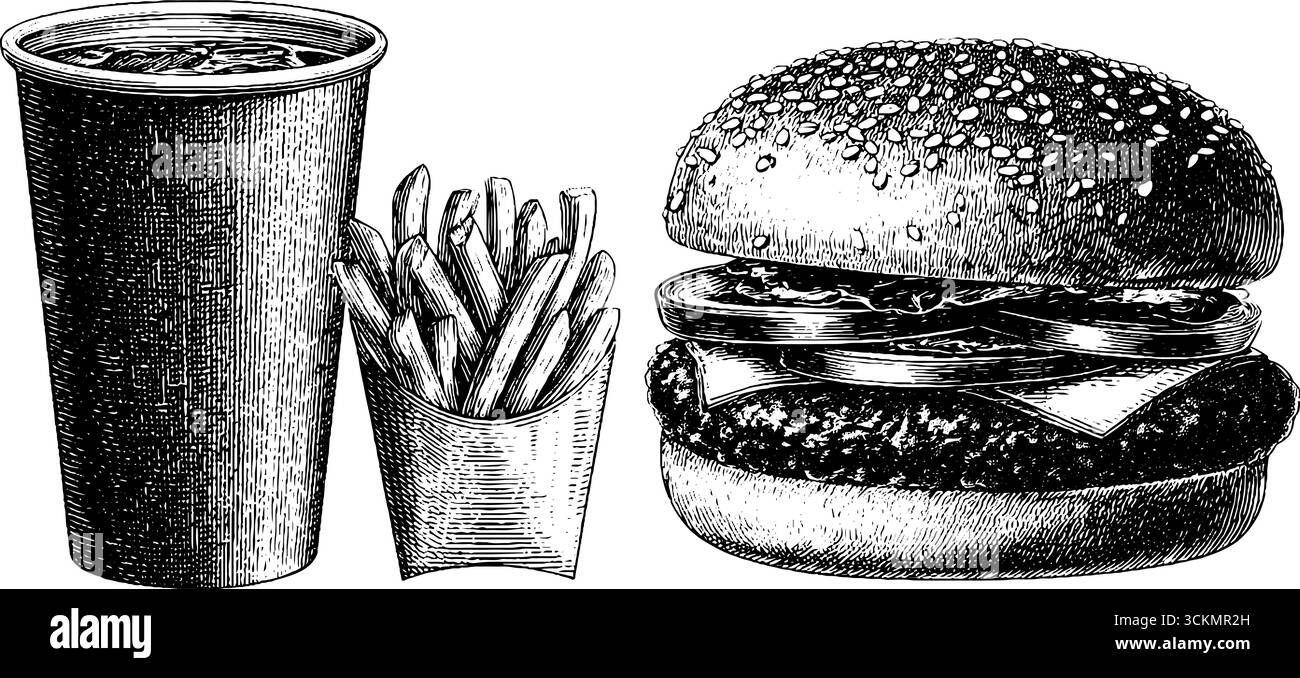 Vintage-Fast-Food-Set mit Gravur für Burger und Pommes Frites im Retro-Design. Stock Vektor