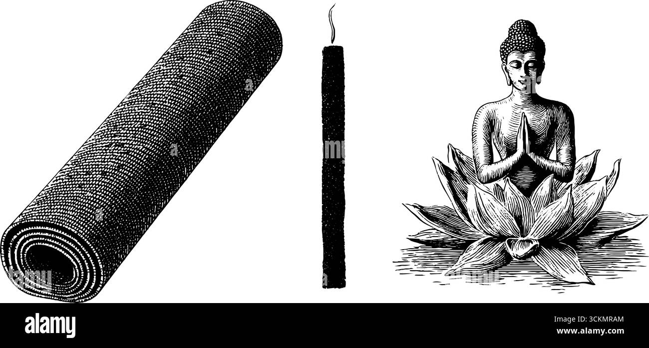 Yoga-Essentials mit Gravur, Matte, Meditationskerze und Lotusdesign. Stock Vektor
