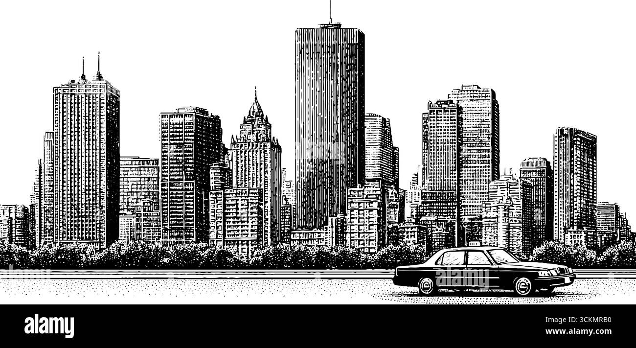 Urbane Skyline mit Gravur und Oldtimer-Illustration für urbane Designprojekte. Stock Vektor