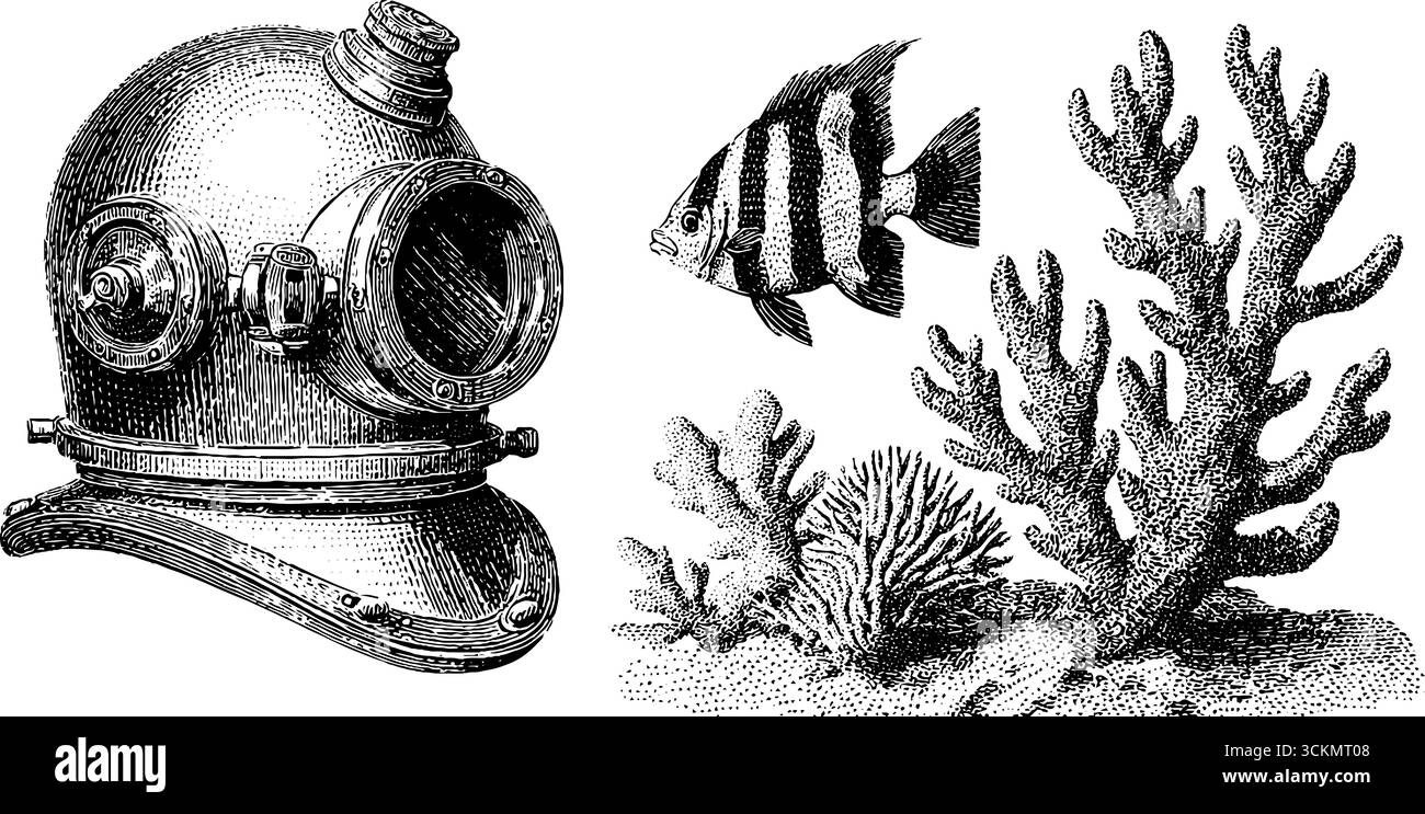 Vintage-Kollektion aus Taucherhelm, Korallen und Fischen für nautisches Design. Stock Vektor