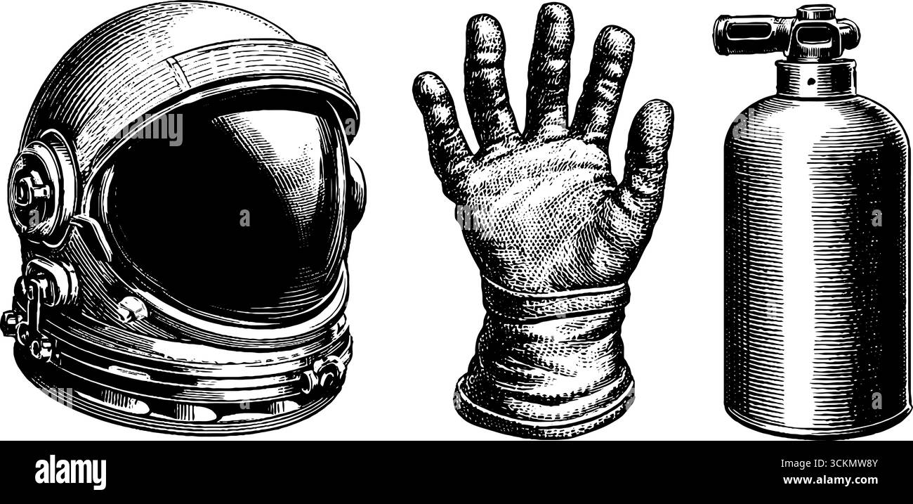 Gravierte Illustration von Astronautenhelm, Handschuh und Sauerstofftank für die Raumfahrt. Stock Vektor