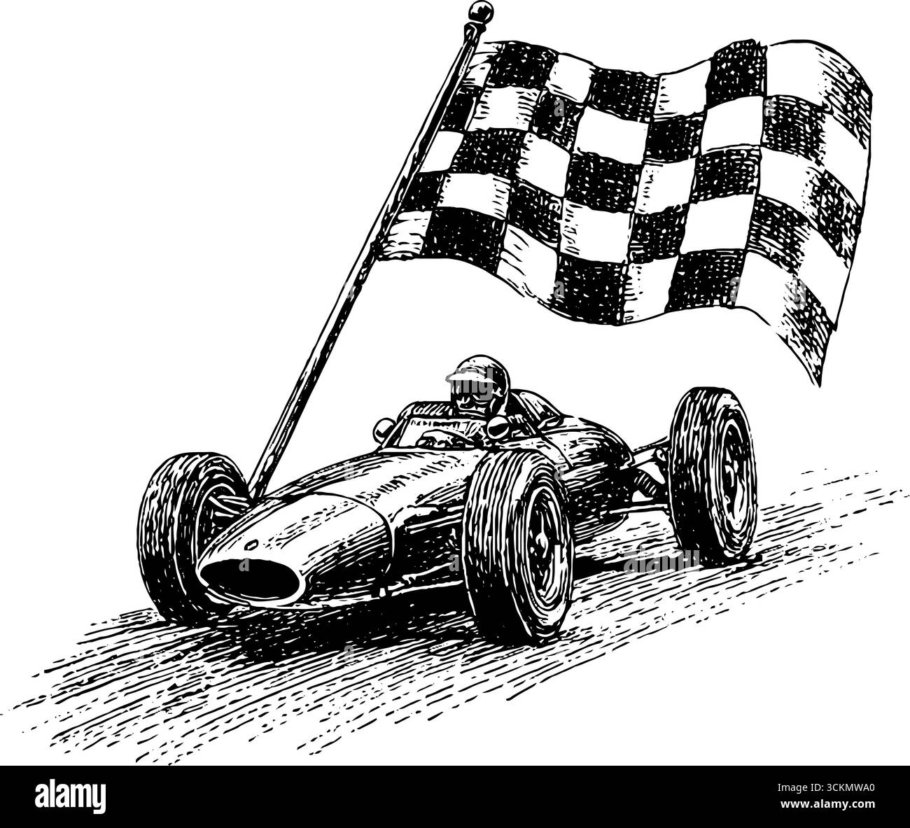 Oldtimer-Rennwagen mit karierter Flaggengravur – klassisches Motorsport-Kunstwerk. Stock Vektor