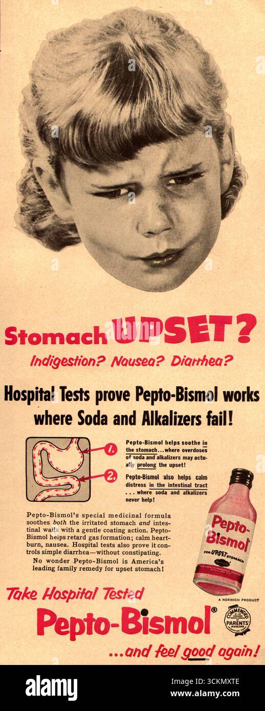 1955 Pepto-Bismol zur Behandlung von Magenverstimmung, Verdauungsstörungen, Übelkeit und Durchfall, Anzeige Stockfoto