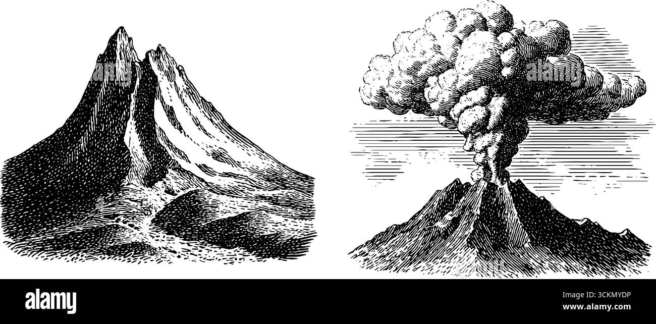 Vintage gravierte Illustration von Vulkan und Lavastrom für lehrreiche und dekorative Zwecke. Stock Vektor