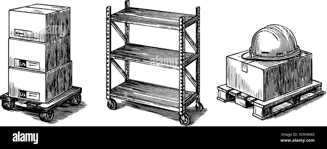 Vintage-Illustrationsset mit Gravur, Handwagen, Industrieregale und Ladung auf Palette gestapelt. Stock Vektor