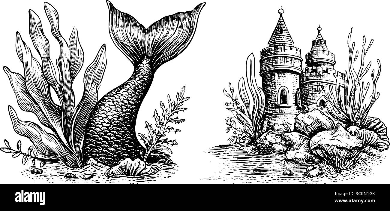 Set mit graviertem Meerjungfrauenschwanz und Unterwasserschloss für nautisches Design. Stock Vektor