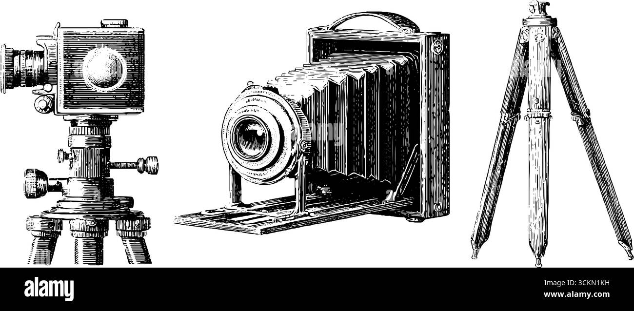 Vintage-Kamerakollektion: Gravierte Illustration mit Faltenbalg und Stativ für Retro-Designkonzepte. Stock Vektor