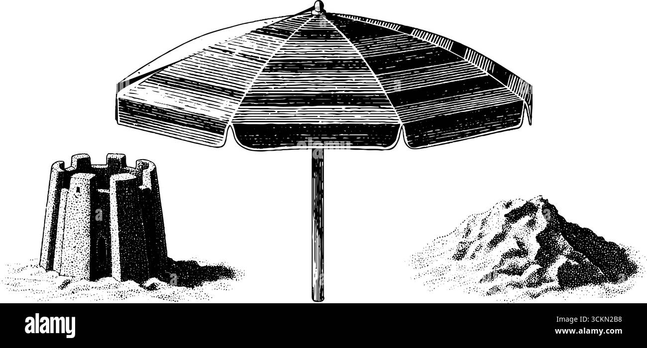 Vintage Sommer Strand Illustration mit Sonnenschirm Sandburg und Sonne. Stock Vektor