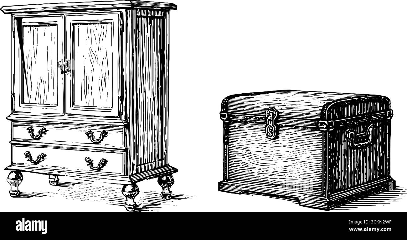 Vintage-Illustration von Kleiderschrank und Brust für antikes Design. Stock Vektor