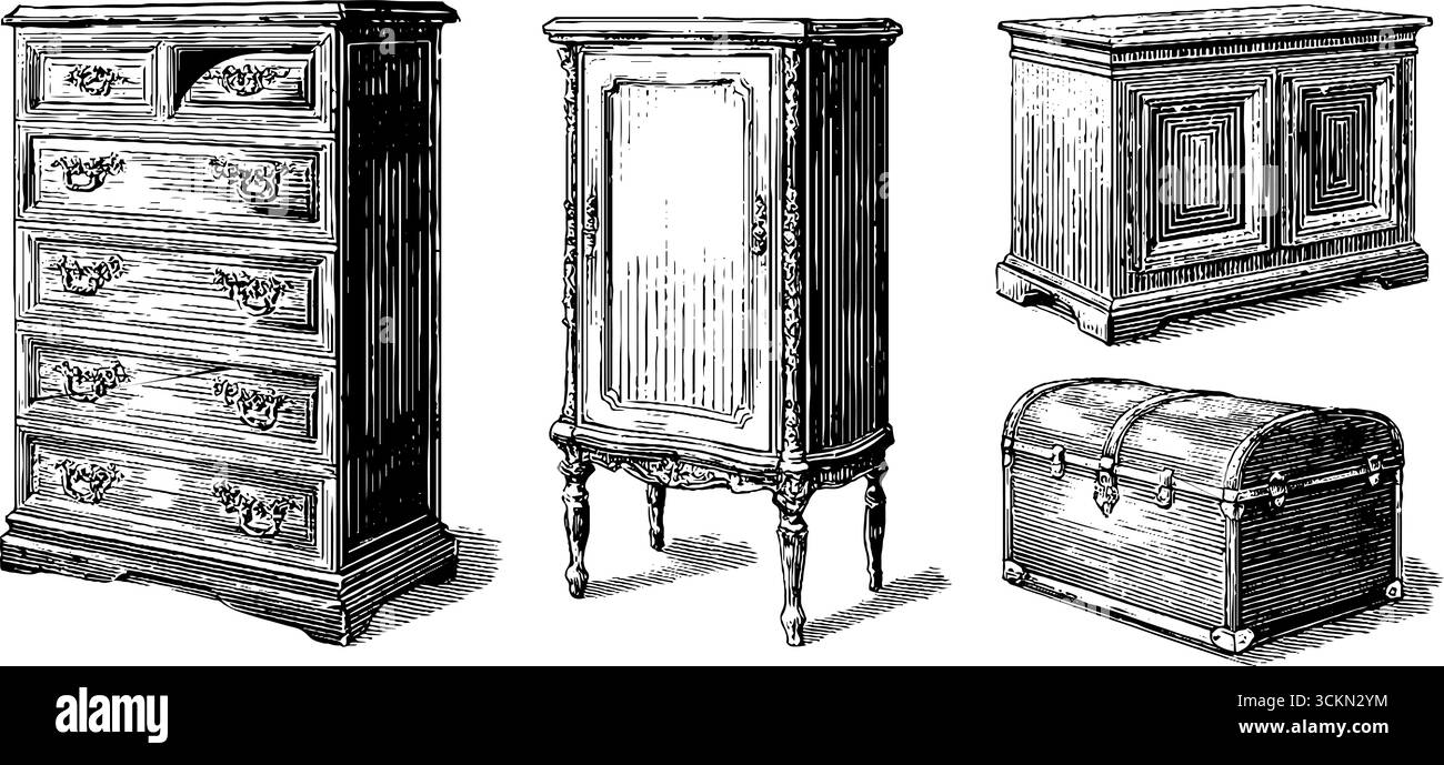 Vintage-Schränke und Brustgravuren für klassische Innendesign-Inspiration. Stock Vektor