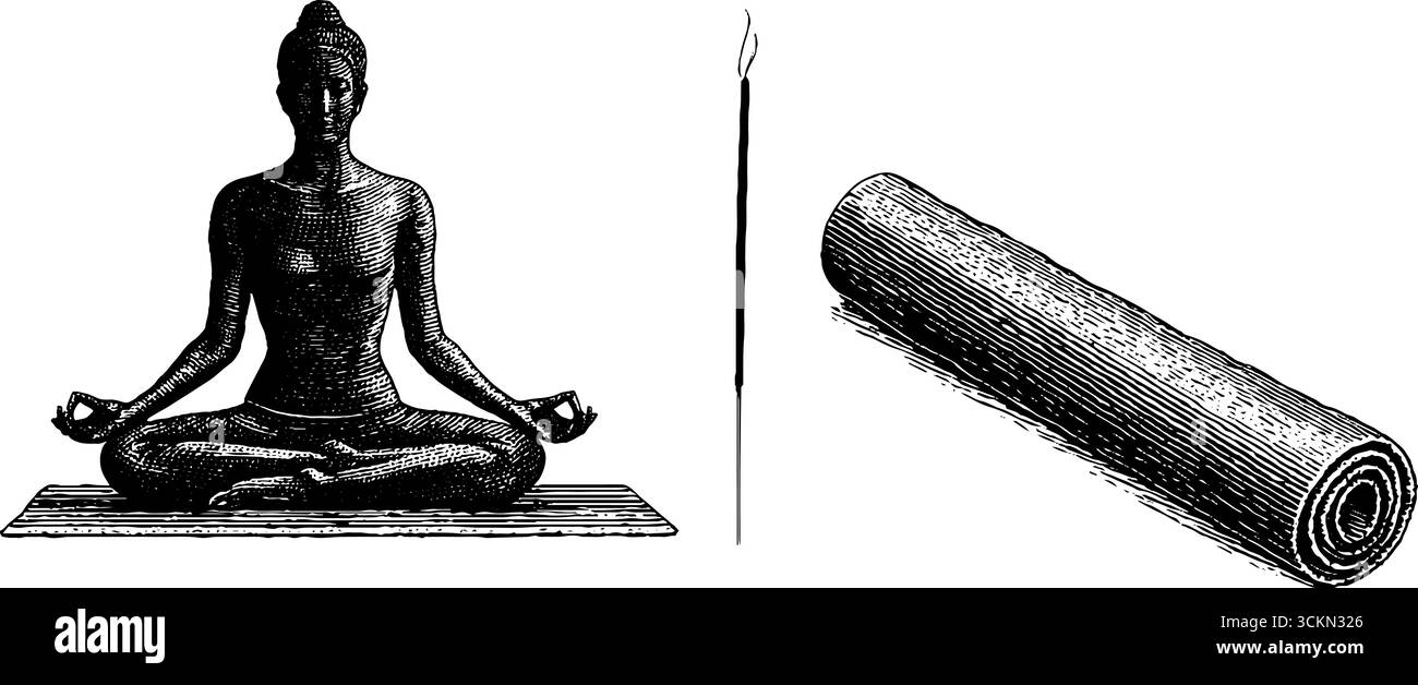 Gravierte Yoga-Pose-Illustration mit Meditationsmatte und Weihrauchstab. Stock Vektor
