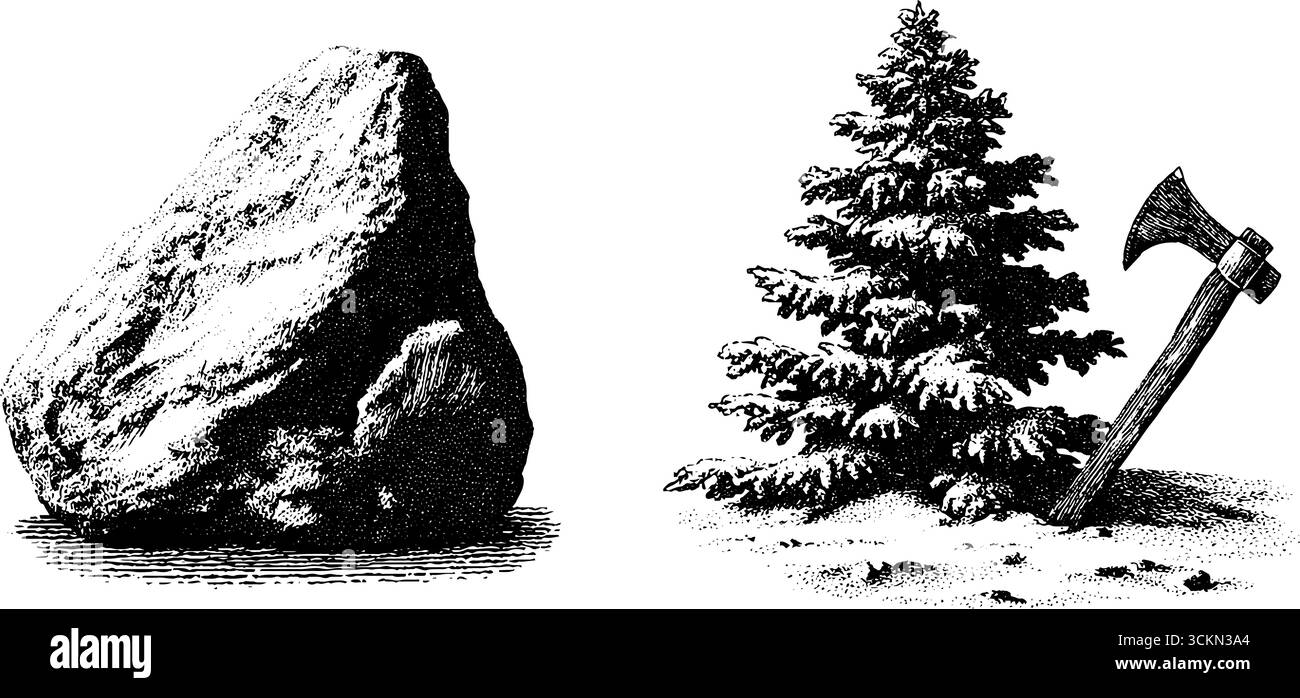 Gravierte Illustrationen aus nordischem Runenstein und Winterwaldszene. Stock Vektor